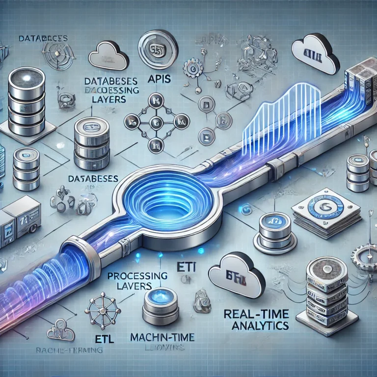DALL·E 2025-02-16 22.16.16 - A modern data pipeline concept illustration. The image should depict a seamless flow of data from various sources (databases, APIs, cloud storage) thr